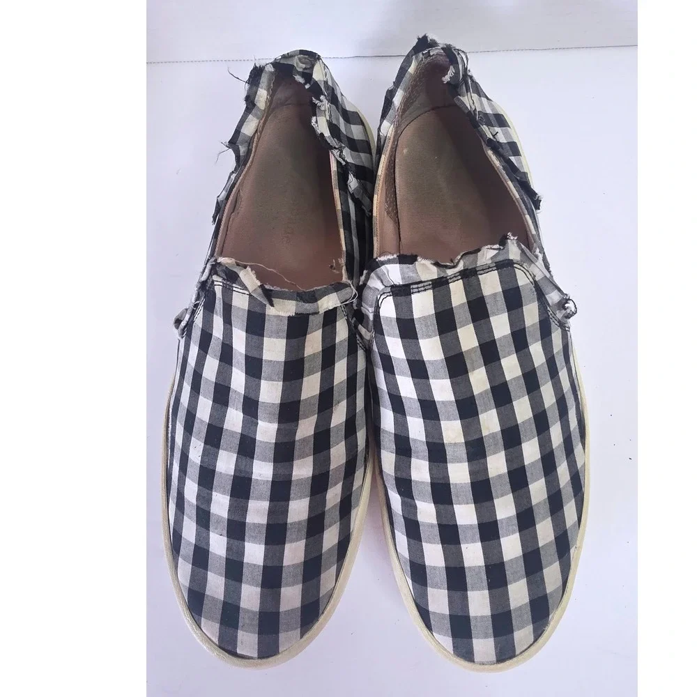 Kate Spade New York Lily Gingham Slip On Sneaker Black White Fray Canvas SZ 7